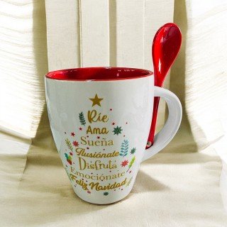TAZA CON CUCHARA ÁRBOL DE LOS DESEOS NAVIDAD