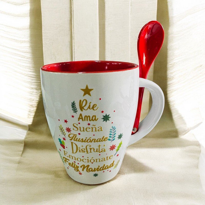TAZA CON CUCHARA ÁRBOL DE LOS DESEOS NAVIDAD