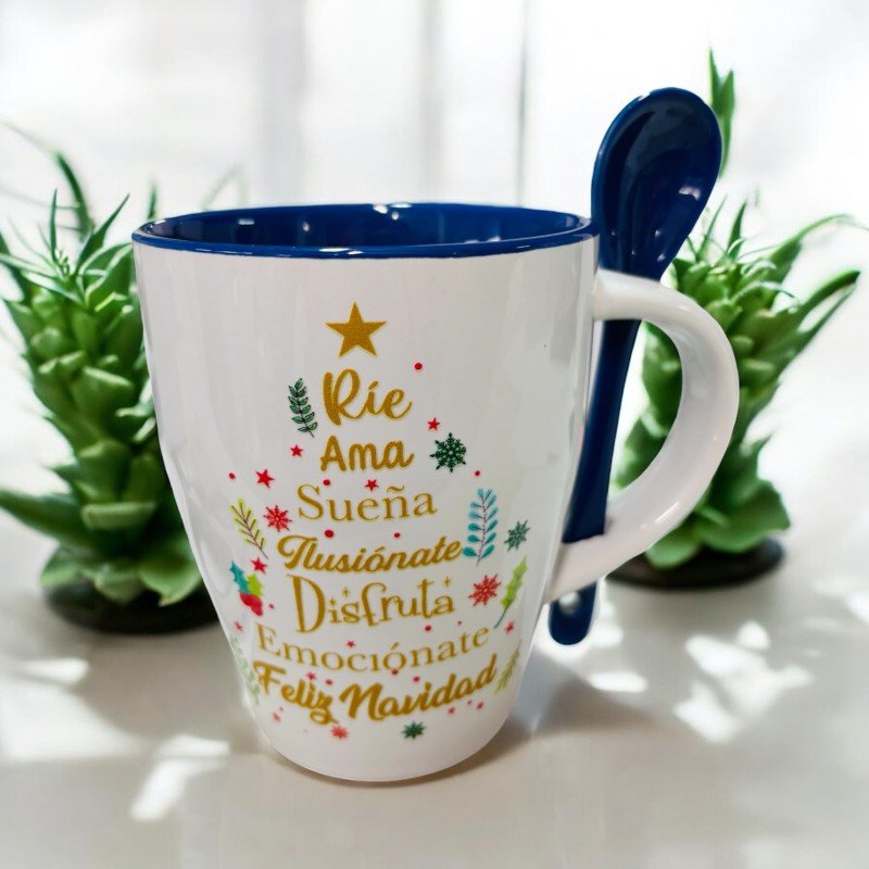 TAZA CON CUCHARA ÁRBOL DE LOS DESEOS NAVIDAD