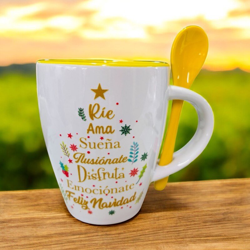 TAZA CON CUCHARA ÁRBOL DE LOS DESEOS NAVIDAD
