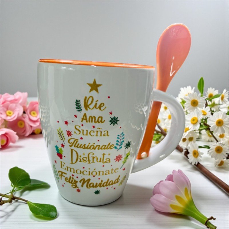 TAZA CON CUCHARA ÁRBOL DE LOS DESEOS NAVIDAD