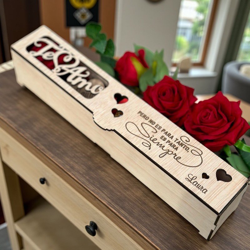 CAJA CON BOMBONES Y ROSA AMOR