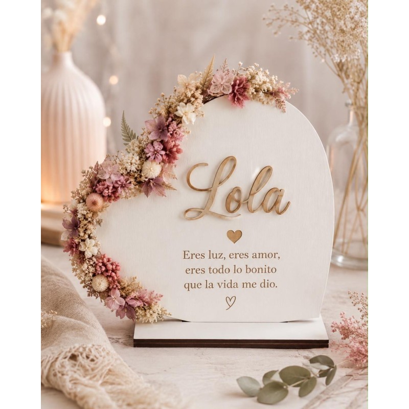 PLACA CORAZÓN CON FLORES PRESERVADAS