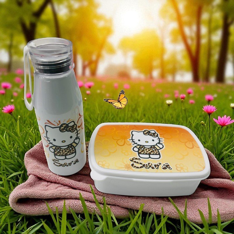 PACK FIAMBRERA + BOTELLA ASA DE SILICONA HELLO KITTY LEOPARDO