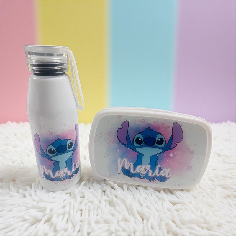 PACK FIAMBRERA + BOTELLA ASA DE SILICONA STITCH AZUL Y ROSA