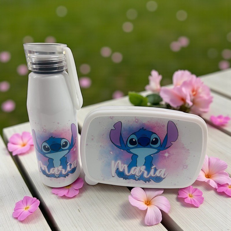 PACK FIAMBRERA + BOTELLA ASA DE SILICONA STITCH AZUL Y ROSA