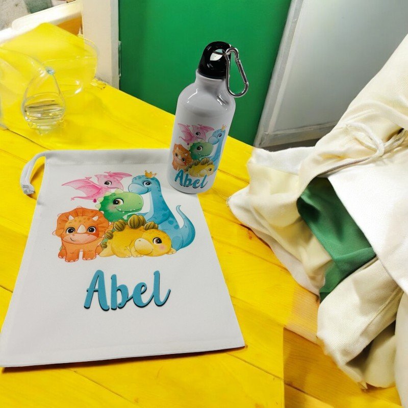 BOTELLA MOSQUETÓN + BOLSA DE MERIENDA DINOSAURIOS