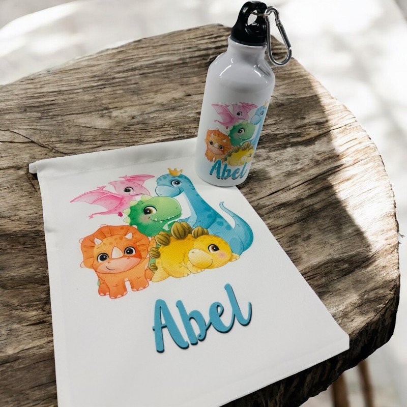 BOTELLA MOSQUETÓN + BOLSA DE MERIENDA DINOSAURIOS