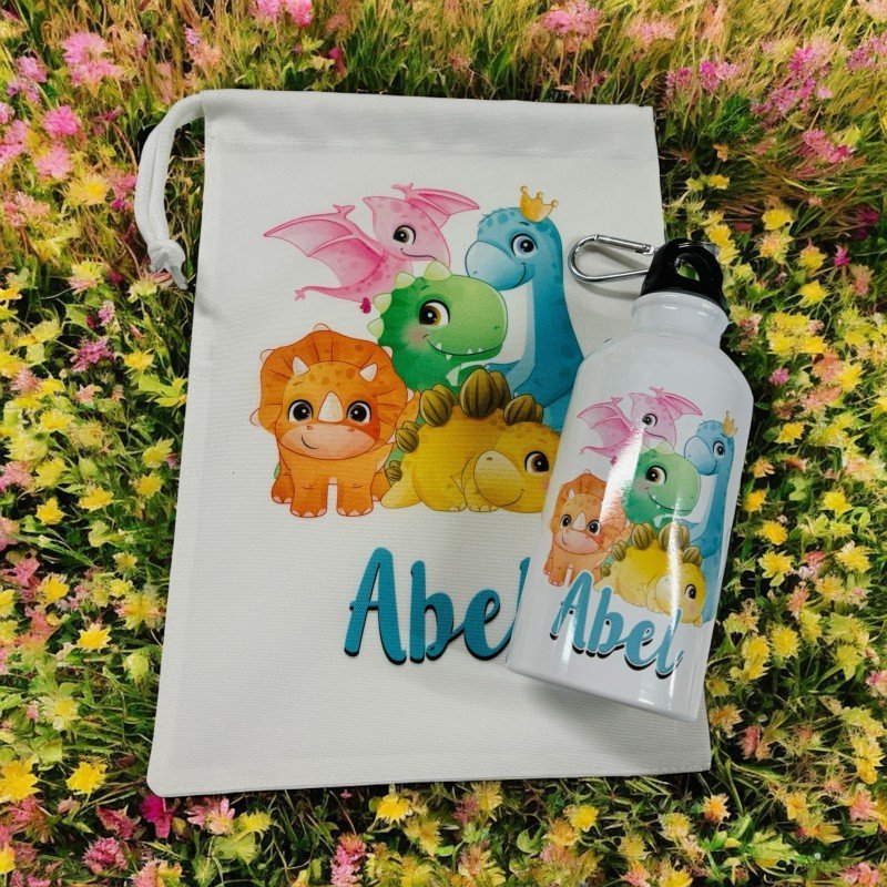 BOTELLA MOSQUETÓN + BOLSA DE MERIENDA DINOSAURIOS